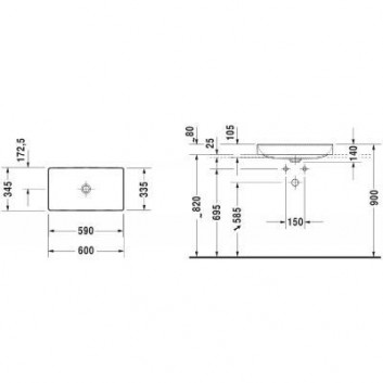 Накладная раковина Duravit DuraSquare , прямоугольная, 60x34.5 cm, powłoka WonderGliss, белый