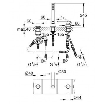 Смеситель для ванны на 4 отверстия Grohe Plus, напольный, с душевым набором, хром