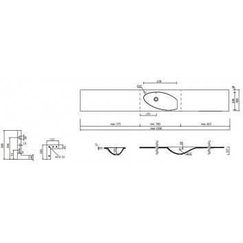 Раковина с тумбой/подвесной/regulowana Marmorin Ugo 2500, правая 700-2500x400x137 mm в размере белая 