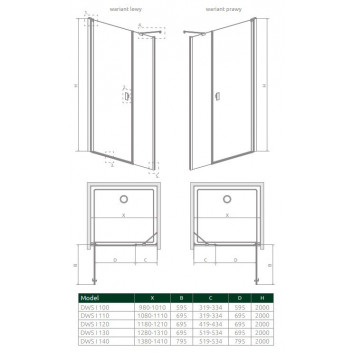 Фронт для душевой кабины Radaway Nes 8 Black KDS I 140, двери левые, стекло бесцветное, 1400x2000mm, чёрный profil