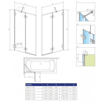 Шторки на ванну Radaway Essenza Pro Gold PNJ II, стекло бесцветное, 50x150cm, золотой profil