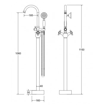 Смеситель для ванны напольный Besco Modern II, высота 1120mm, душевой набор, хром