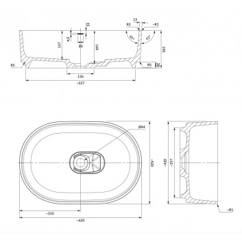 Накладная раковина Omnires Cadence M+, 62x42cm, без перелива, белый глянец