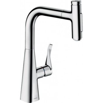 Смеситель кухонный Hansgrohe Metris Select M71, на 2 отверстия, однорычажный, выдвижной излив, 2jet, sBox - хром