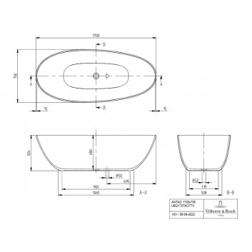 Ванна свободностоящая овальная Villeroy & Boch Antao SilentFlow, 170x75cm, Quaryl, серый мат.