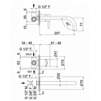 Смеситель для раковины Vema Tiber Steel, скрытая, на 2 отверстия, излив 208mm, без пробки, нержавеющая сталь inox