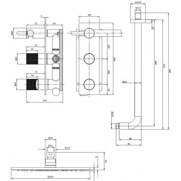 Душевая система Omnires Contour, скрытый, 2 wyjscia wody, верхний душ круглая 250mm, лейка 1-режимная, золотой szczotkowany