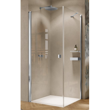 Для душа двери распашные в размере Huppe Solva бескаркасные, крепление левые, 500-1250 x 200x1200 mm, с боковой стенкой, стекло прозрачные Anti-Plaque, профиль серебряный блестящий