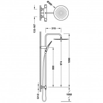 Набор baterii termostatycznej Tres Over-Wall naściennej 2-drożnej prysznicowej - сталь