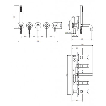 Смеситель для ванны на 5 отверстий скрытая, Omnires Y - Чёрный
