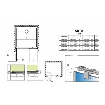 Двери для душа 100cm x 200cm со стенкой встроенной левые Radaway Arta DWS- sanitbuy.pl